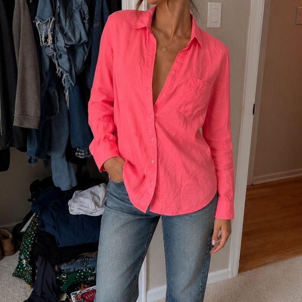 Neon Coral Pink Oversized Cotton Button Up Shirt Large
